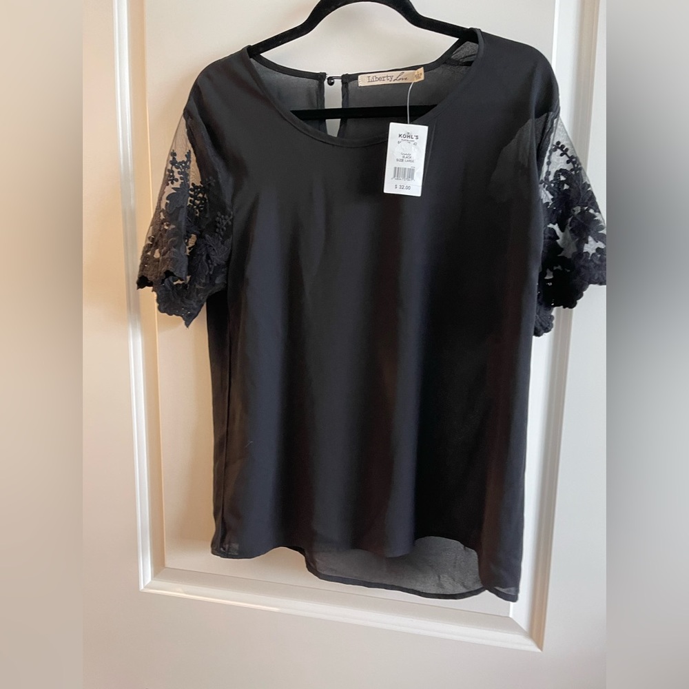 Women’s Black Blouse with Floral Short-sleeves Size Large
